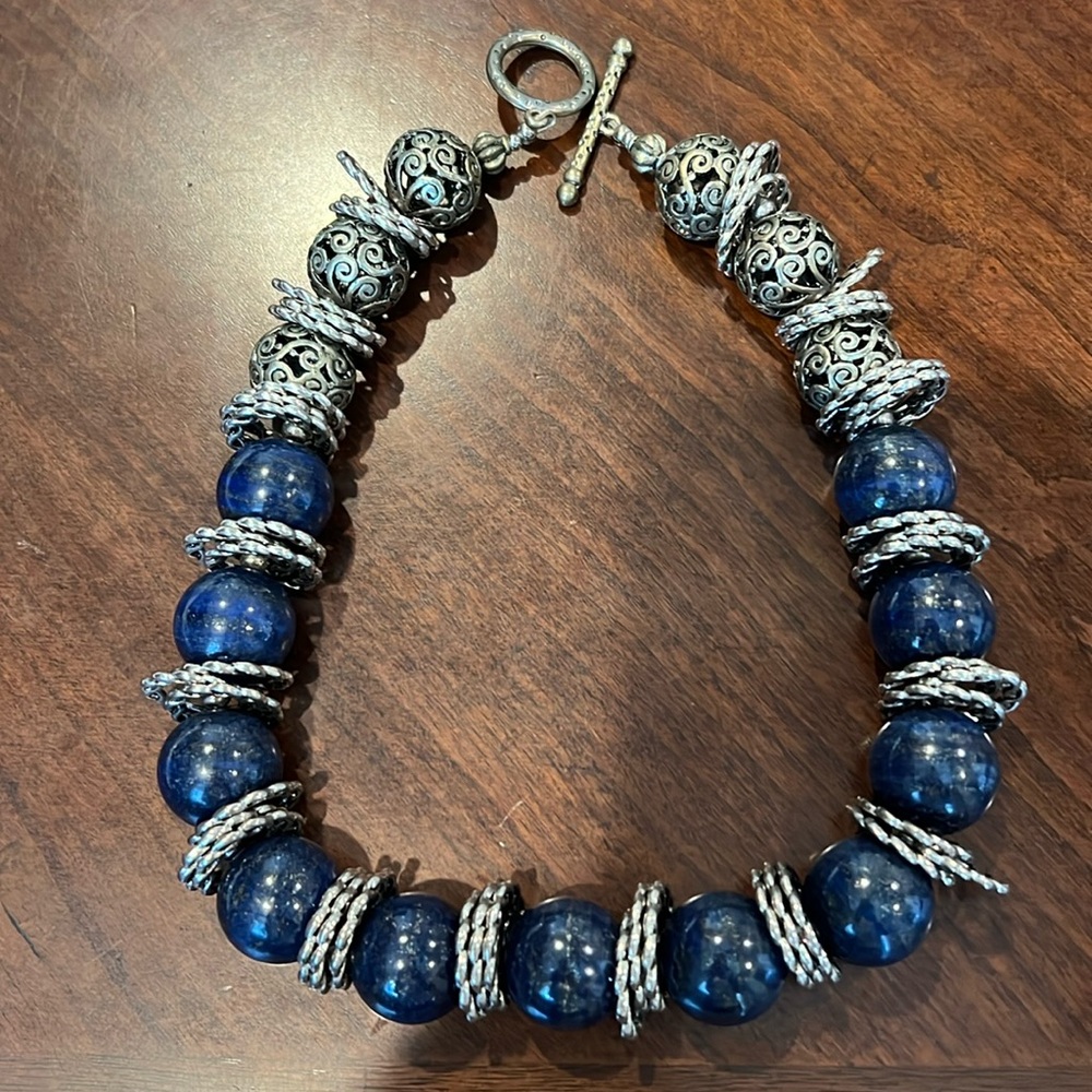 NECKLACE-16” Blue beads and silver trim